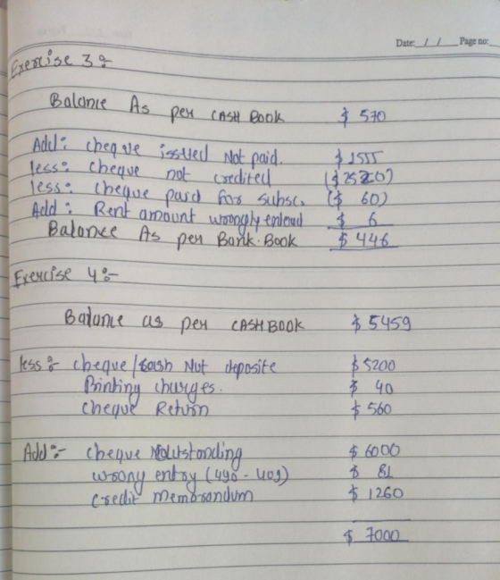 Date: _Page no: Exercise 39 bacane Its per CASH Book & 570 Add: cheque iss ved Not paid less: cheque not edited lesso cheque