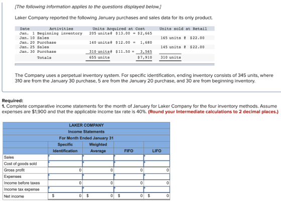 [The following information applies to the questions displayed below.] Laker Company reported the following January purchases