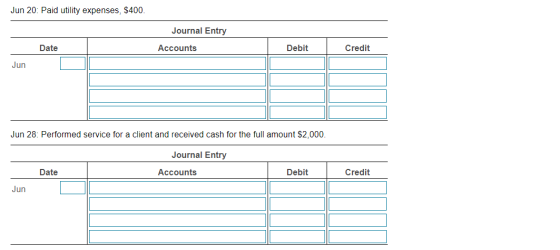 Jun 20: Paid utility expenses, $400. Journal Entry Date Accounts Debit Credit Jun Jun 28: Performed service for a client and
