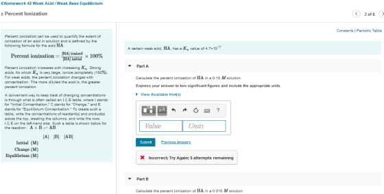 < Homework 42 Weak Acid / Weak Base Equilibrium + Percent Ionization 2 of 8 Constants Periodic Table Percent ionization can b