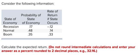 Consider the following information: Rate of Probability of State Return State of if State Economy of Economy 17 Occurs Recess