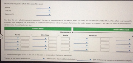 Identify and analyze the effect of the sale of the asset. Activity Accounts Statement(s) How does this entry affect the accou