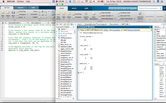 MATLAB Window Help Θ @ 1.40 GB (9 0 (D < >丶令[ 66%)T Q.。Е Tue 19 Sep 08:05 MATLAB R2013a ANANDA KUMAR THUMMAPUDI EDITOR PUBLIS