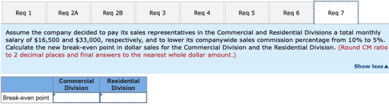 Req 7 Req 2A Req 2B Req 6 Req 1 Req 3 Req 4 Req 5 Assume the company decided to pay its sales representatives in the Commerci