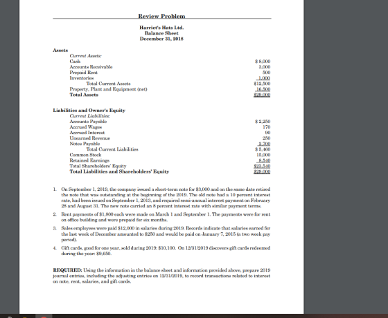 Review Problem Harriets Hats Ltd. Balance Sheet December 31, 2018 $ 8,000 3,000 Assets Current Assets: Cash Accounts Receiva
