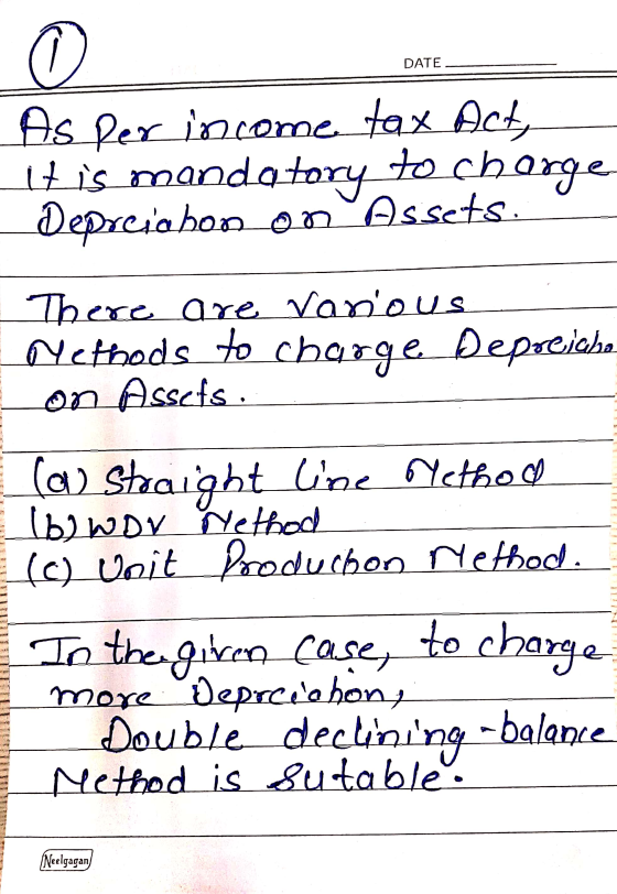 DATE As per income tax Act, It is mandatory to charge Depreia bon on Assets. There are various Methods to charge Deporeiche J