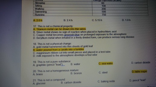 Sleeping Sitting 100 Wallona 200 500 1 Swirnering Running 750 24h C. 5.15 h D 10h 17. This is not a chemical property A Titan
