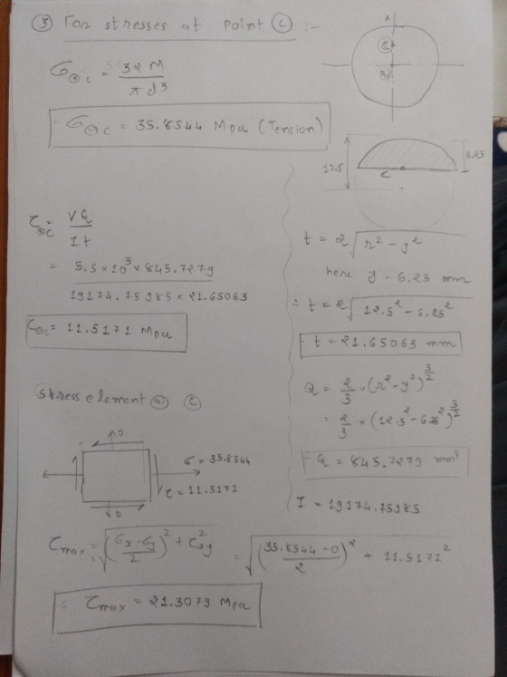 & For stresses cat poist (③ 338 M ad 3 - 35.8544 Mpa (Tension - VG . It t = 2 r²-ye 5.5 x 19 x 845.7079 191 74 75 985 x 21.65
