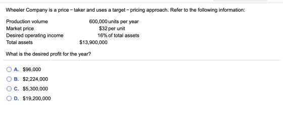 Wheeler Company is a price – taker and uses a target - pricing approach. Refer to the following information: Production volum
