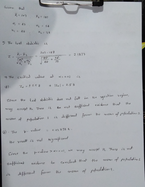 Givan thd i 48 n 39 2 183 2.1837 54 +맛 48 39 Hu meam mmeam The p- value 02 98 4 p-vdlv ceoff He. They İi.ท ot wu Since tw >o(=o.ol, nn ay