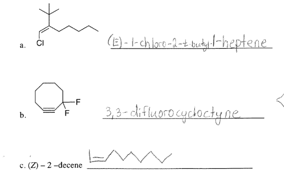 Ci (E) - I-chlore -2-t-buty t-heptene a. 3,3- difluoro cyclocłyne C. (2)-2-decene L W c. (Z) - 2-decene