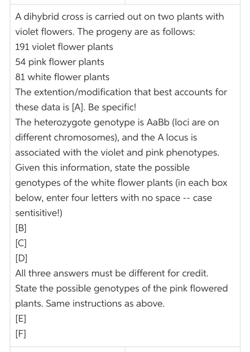 A dihybrid cross is carried out on two plants with violet flowers. The progeny are as follows: 191 violet flower plants 54 pi
