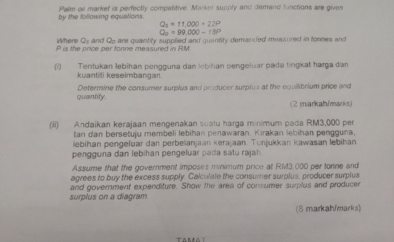 Palm oil market is perfectly competitive. Markel supply and demand functions are given by the following equations. Qs = 11,00
