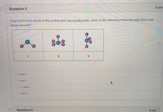 Question 5 5 pts If each of the X-A bonds to the central atom are equally polar, which of the following molecules will have a
