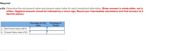Required a.&b. Determine the net present value and present value index for each investment alternative. (Enter answers in who