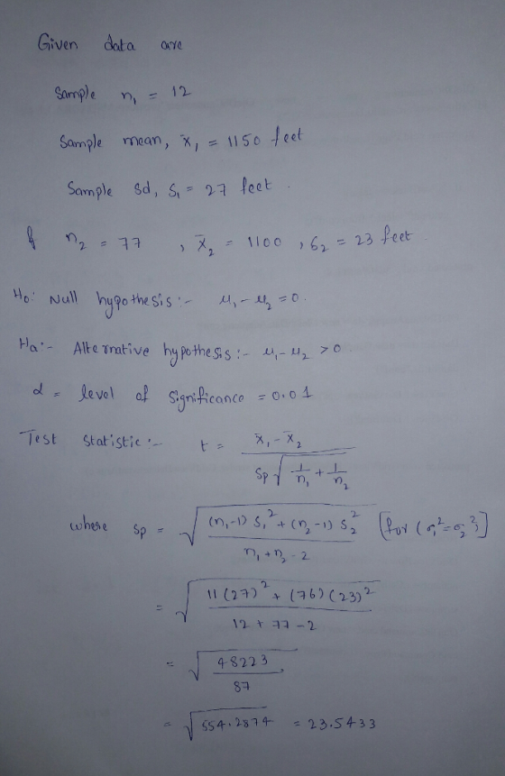Given deta Sample mean X, 1150 eet Test Stat istict Whese Sp 2 11(29) (76) (23) + 4 822 3 89 SS427 23.5433