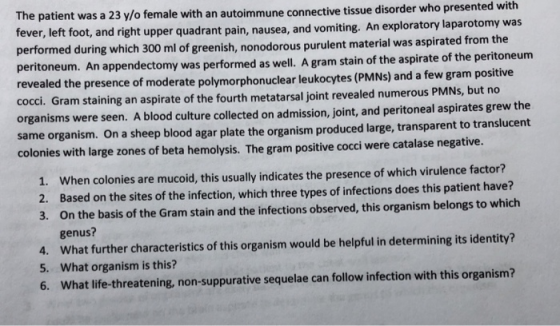 The patient was a 23 y/o female with an autoimmune connective tissue disorder who presented with fever, left foot, and right