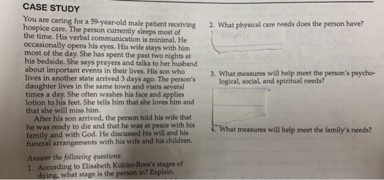 CASE STUDY You are caring for a 59-year-old male patient receiving 2. What physical care needs does the person have? hospice