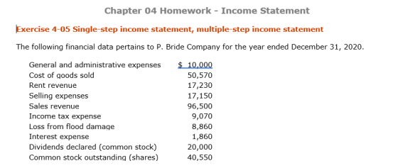 Chapter 04 Homework - Income Statement Exercise 4-05 Single-step income statement, multiple-step income statement The followi