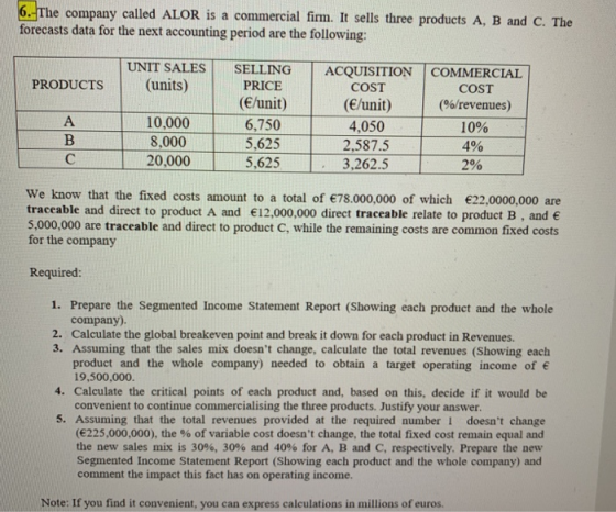 6.The company called ALOR is a commercial firm. It sells three products A, B and C. The forecasts data for the next accounting period are the following: UNIT SALES SELLING | ACQUISITION |COMMERCIAL PRODUCTS (units) A1 PRICE (E/unit) 0,000 6,7504.050 5,625 5,625 COST (E/unit) COST (%/revenues) 10% 4% 2% 8,000 20,000 2,587.5 3,262.5 We know that the fixed costs amount to a total of 78.000,000 of which 22,0000,000 are traceable and direct to product A and 12,000,000 direct traceable relate to product B, and 5,000,000 are traceable and direct to product C, while the remaining costs are common fixed costs for the company Required: 1. Prepare the Segmented Income Statement Report (Showing each product and the whole company) 2. Calculate the global breakeven point and break it down for each product in Revenues. 3. Assuming that the sales mix doesnt change, calculate the total revenues (Showing each product and the whole company) needed to obtain a target operating income of e 19,500,000 4. Calculate the critical points of each product and, based on this, decide if it would be convenient to continue commercialising the three products. Justify your answer. 5. Assuming that the total revenues provided at the required number 1 doesnt change (€225,000,000), the % of variable cost doesnt change, the total fixed cost remain equal and the new sales mix is 30%, 30% and 40% for A, B and C, respectively. Prepare the new Segmented Income Statement Report (Showing each product and the whole company) and comment the impact this fact has on operating income. Note: If you find it convenient, you can express calculations in millions of euros.