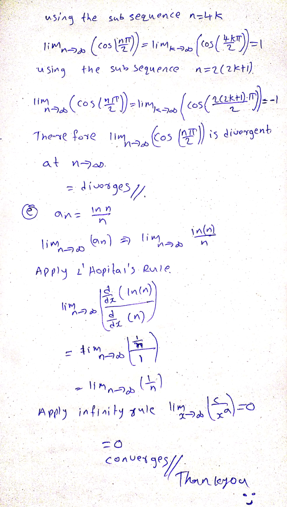 using the subsequence n=4k limaso (cos(4) - lime-:(603(ELT) = 1 using the subsequence n=2(2k+i). limaco (cOS (14) - limewo (