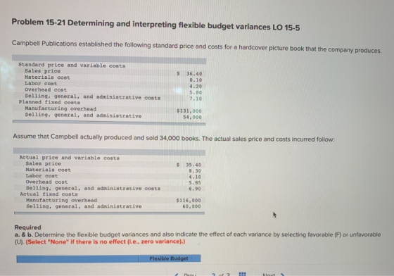 Problem 15-21 Determining and interpreting flexible budget variances LO 15-5 Campbell Publications established the following