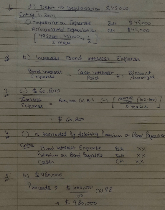 d.) Debit to Defeucation $45000 Entry in 2011 O Depreciation Expense $ 45,000 Accuwwared Defoucianan ce $45,000 [ 49 50cc 45