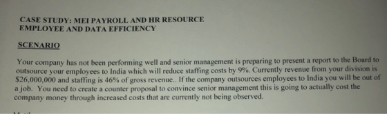 CASE STUDY: MEI PAYROLL AND HR RESOURCE EMPLOYEE AND DATA EFFICIENCY SCENARIO Your company has not been performing well and s