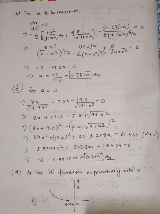 hubad wrt ? (b) for ato be maximum, da =0 वत्र 19.2) (2x), to a retina yan] (faruz) - 2 (2+x2j12 => 72-19.2a=0 => x = 72 =