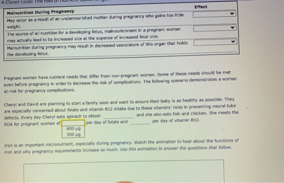 Effect Malnutrition During Pregnancy May occur as a result of an undernourished mother during pregnancy who gains too little