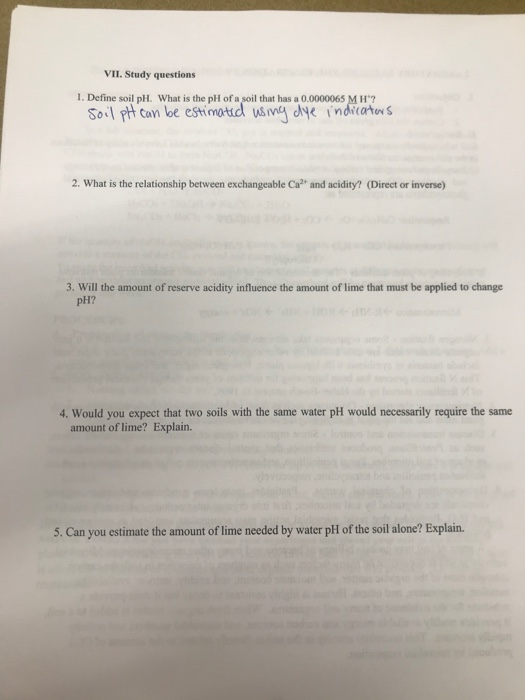 VII. Study questions 1. Define soil pH. What is the pH of a soil that has a 0.0000065 MH? soil pH can be estimated using dye