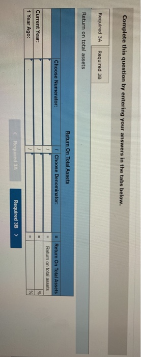 Complete this question by entering your answers in the tabs below. Required 3A Required 3 Return on total assets Return On To