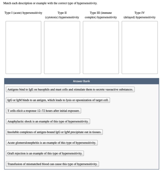 Match each description or example with the correct type of hypersensitivity. Type I (acute) hypersensitivity Type II (cytotox