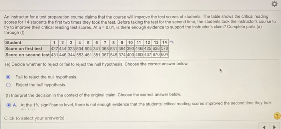 o An instructor for a test preparation course claims that the course will improve the test scores of students. The table show