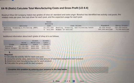 E4-16 (Static) Calculate Total Manufacturing Costs and Gross Profit (LO 4-4) Rosehut Olive Oil Company makes two grades of ol