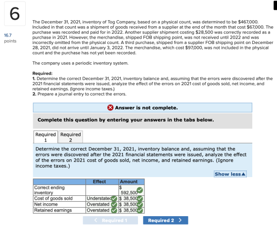 The December 31, 2021, inventory of Tog Company, based on a physical count, was determined to be $467,000. Included in that c