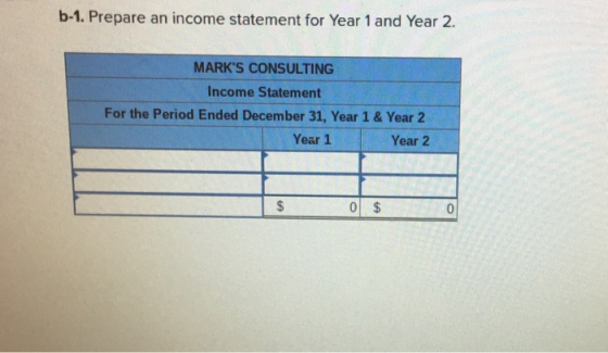b-1. Prepare an income statement for Year 1 and Year 2 MARKS CONSULTING Income Statement For the Period Ended December 31, Y