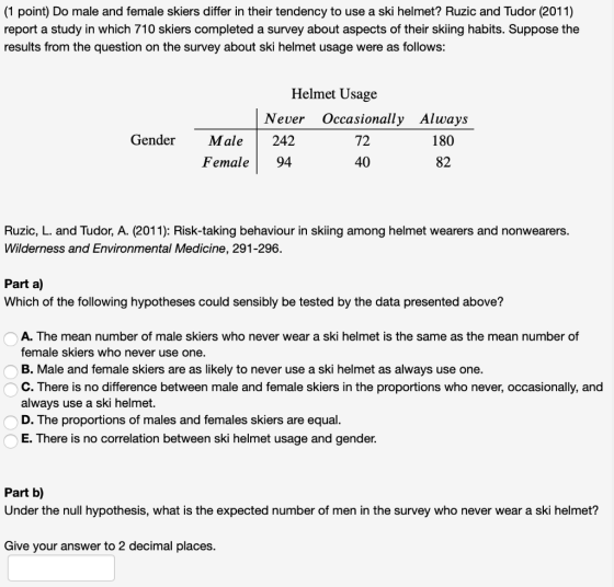 (1 point) Do male and female skiers differ in their tendency to use a ski helmet? Ruzic and Tudor (2011) report a study in wh