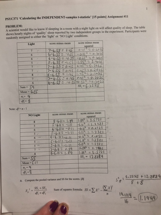PSYC371 Calculating the INDEPENDENT-samples t-statistie 15 points Assignment #11 PROBLEM: A scientist would like to know if
