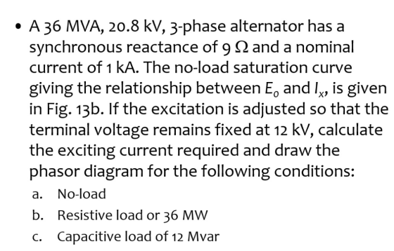 A 36 MVA, 20.8 kV, 3-phase alternator has a synchronous reactance of 9 Q and a nominal current of 1 kA. The no-load saturatio