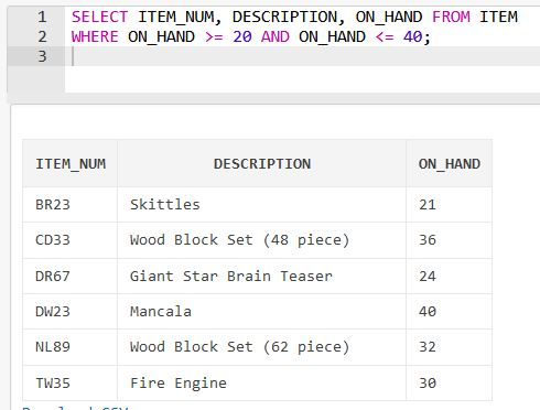 1 SELECT ITEM NUM, DESCRIPTION, ON HAND FROM ITEM 2 WHERE ON HAND 20 AND ON HAND 40; ITEM_NUM DESCRIPTION ON HAND BR23 Skittl