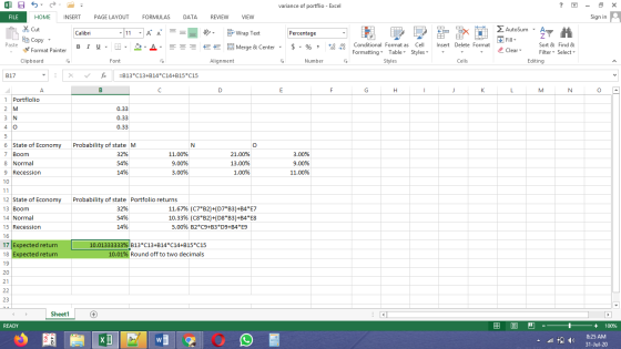 x] 5 variance of portflio - Excel ? X FILE HOME INSERT PAGE LAYOUT FORMULAS DATA REVIEW VIEW Sign in > Calibri - 11 Å Wrap Te
