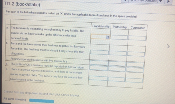 T11-2 (book/static) For each of the following scenarios, select an X under the applicable form of business in the space pro