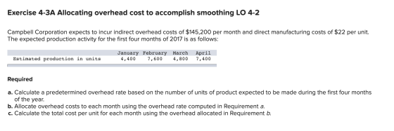 Exercise 4-3A Allocating overhead cost to accomplish smoothing LO 4-2 Campbell Corporation expects to incur indirect overhead