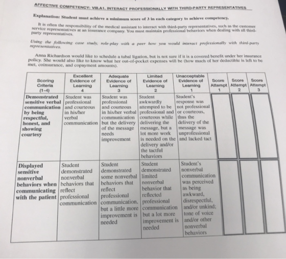 AFFE MPETENCY: VIILA1,INTERACT PROFESSIONALLY WITH THIRD-PARTY REPRESENTATIVES Student must achieve a minimum score of 3 in e