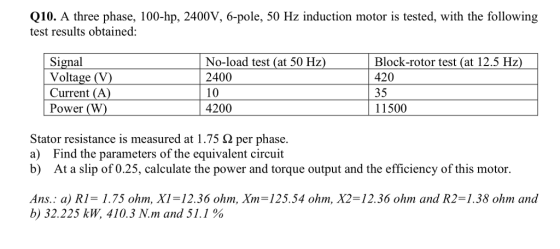 Q10. A three phase, 100-hp, 2400V, 6-pole, 50 Hz induction motor is tested, with the following test results obtained: No-load test (at 50 Hz) Block-rotor test (at 12.5 Hz) 420 35 11500 Signal Voltage (V) 2400 Current (A) 10 Power (W) 4200 Stator resistance is measured at 1.75 Ω per phase. a) Find the parameters of the equivalent circuit b) At a slip of 0.25, calculate the power and torque output and the efficiency of this motor. Ans. : a) RI = 1.75 ohm, XI= 12.36 ohm, Xm-125.54 ohm, X2= 12.36 ohm and R2=1.38 ohm and b) 32.225 kW, 410.3 N.m and 51.1 %