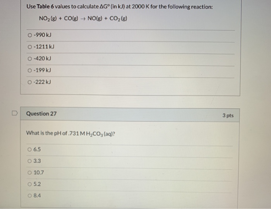 Use Table 6 values to calculate AGº (in kJ) at 2000 K for the following reaction: NO2(g) + CO(g) + NO(g) + CO2(g) O-990 kJ O-