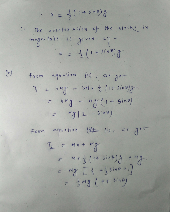 it sino) g a The acceleration of the blocks in magnitude given by 3 ( 1+ sinog a -- from equation (1), we get 3 mg 3M x 3 (it