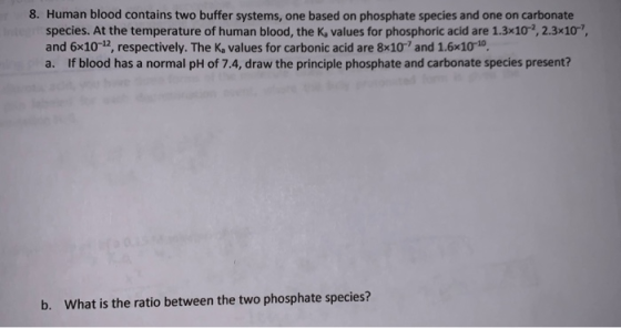 8. Human blood contains two buffer systems, one based on phosphate species and one on carbonate species. At the temperature o