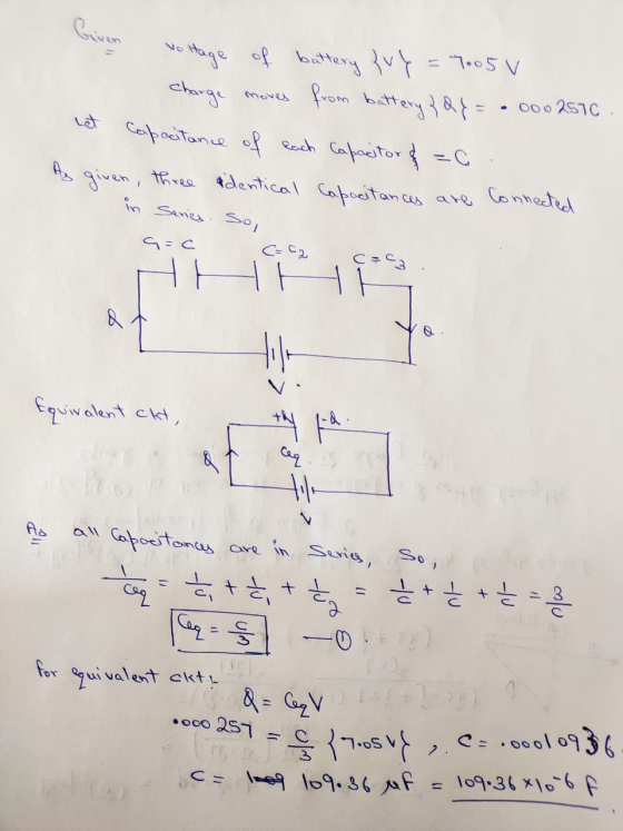 Given to Hage of battery Evy = 7005 v charge moves from battery &&&= . 0002510. - Capacitance of each capacitor & z6. As give
